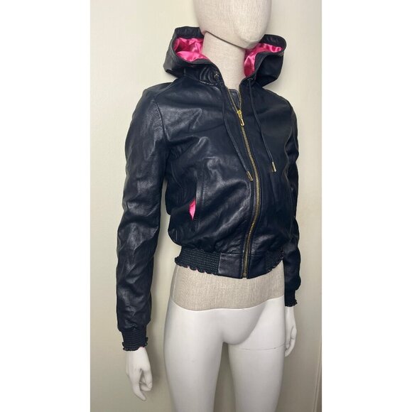 Juicy Couture Jackets & Blazers - JUICY COUTURE LAMBSKIN LEATHER NAVY HOODIE JACKET XS